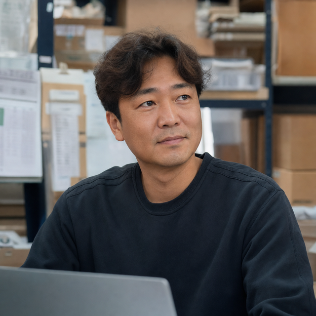 물류 작업장에서 발주를 확인하는 벤더 운영 담당자